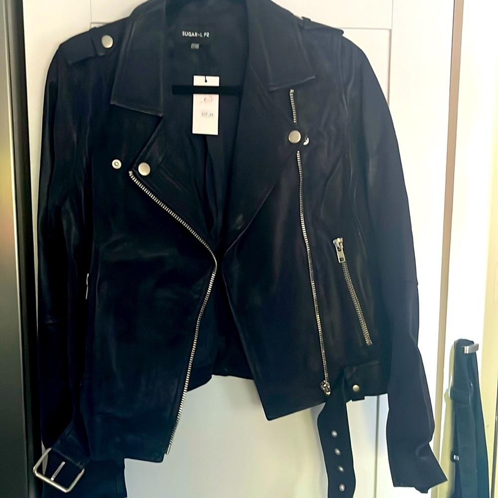 Dark Navy Blue Faux Brushed Leather Jacket by Sugar+Lips Size Small